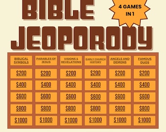 Peut inclure: Un plateau de jeu brun et orange avec le titre "BIBLE JEOPORODY" et le texte "4 GAMES IN 1". Le plateau est divisé en six catégories : Symboles bibliques, Paraboles de Jésus, Visions et révélations, Histoire de l'Église primitive, Anges et démons, et Duos célèbres. Chaque catégorie a six cases avec des montants en dollars allant de 200 $ à 1 000 $. Le bas du plateau montre quatre équipes avec leurs scores et une case "FINAL JEPRODY".