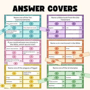 K&ouml;nnte beinhalten: Ein farbenfrohes Lernspiel mit dem Titel "ANSWER COVERS" mit verschiedenen Fragen zum Thema Bibel. Das Spiel enth&auml;lt Fragen zu den Zehn Geboten, Bibelb&uuml;chern, Wundern, S&uuml;nden, Plagen und J&uuml;ngern. Das Spiel ist mit einem Raster-Layout gestaltet.