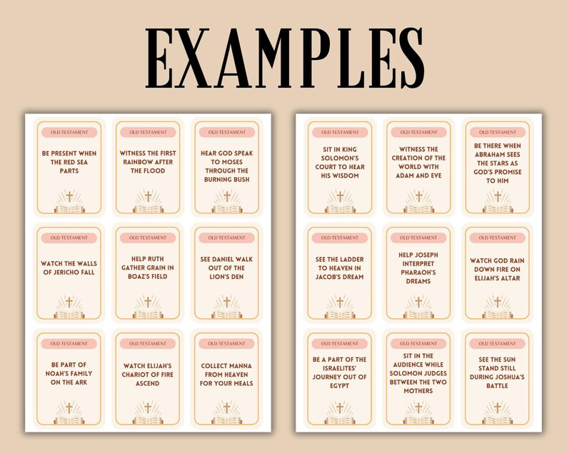 May include: A set of 18 printable cards with a pink and gold design. Each card features a different Old Testament story. The cards are perfect for a Bible study or game.