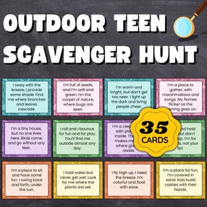 May include: A set of 35 colorful cards with text descriptions for an outdoor scavenger hunt game for teens. The cards feature a variety of outdoor objects and activities, such as a tree, a swing set, a campfire, and a beach.