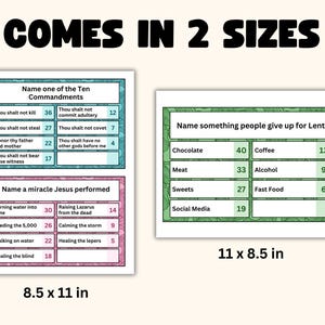 K&ouml;nnte beinhalten: Zwei Lernspielkarten mit dem Text "COMES IN 2 SIZES". Eine Karte ist 21,6 x 27,9 cm, die andere 27,9 x 21,6 cm gro&szlig;. Die Karten enthalten Fragen zu den Zehn Geboten, den Wundern Jesu und Dingen, die man in der Fastenzeit aufgibt.
