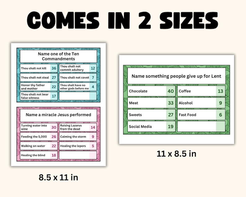 K&ouml;nnte beinhalten: Zwei Lernspielkarten mit dem Text "COMES IN 2 SIZES". Eine Karte ist 21,6 x 27,9 cm, die andere 27,9 x 21,6 cm gro&szlig;. Die Karten enthalten Fragen zu den Zehn Geboten, den Wundern Jesu und Dingen, die man in der Fastenzeit aufgibt.