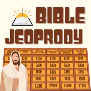Puede incluir: Un tablero de juego de Biblia Jeopardy con categorías que incluyen Símbolos Bíblicos, Parábolas de Jesús, Visiones y Revelaciones, Historia de la Iglesia Primitiva, Ángeles y Demonios, y Dúos Famosos. Cada categoría tiene cinco cantidades de dinero diferentes: $200, $400, $600, $800 y $1000. Una imagen de dibujos animados de Jesús está en la esquina inferior izquierda de la imagen.