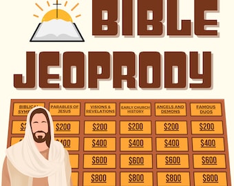 Peut inclure: Un plateau de jeu de Bible Jeopardy avec des catégories comprenant les symboles bibliques, les paraboles de Jésus, les visions et les révélations, l'histoire de l'Église primitive, les anges et les démons, et les duos célèbres. Chaque catégorie a cinq montants différents : 200 €, 400 €, 600 €, 800 € et 1 000 €. Une image de dessin animé de Jésus se trouve dans le coin inférieur gauche de l'image.