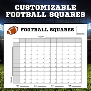 Puede incluir: Una plantilla de juego de cuadrados de fútbol imprimible con un gráfico de fútbol y el texto "Football Squares". La plantilla está dividida en 100 cuadrados, numerados del 1 al 100. Los cuadrados están etiquetados con los números del 1 al 100, y hay espacios para los nombres de los equipos y las puntuaciones.