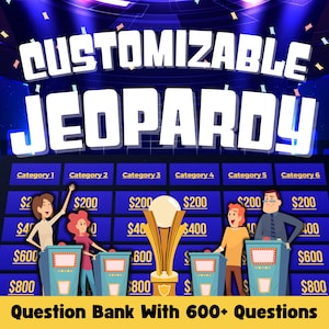 Puede incluir: Un tablero de juego Jeopardy personalizable con seis categorías y un trofeo en el centro. El tablero tiene un fondo azul con bordes amarillos y texto blanco. Las categorías están etiquetadas "Categoría 1" a "Categoría 6". Los valores en el tablero van de 2 € a 800 €. El texto en la parte inferior de la imagen dice "Banco de preguntas con más de 600 preguntas".
