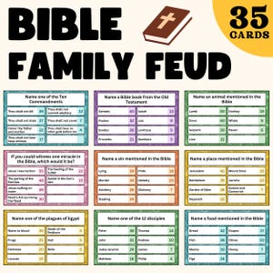 K&ouml;nnte beinhalten: Bibel Family Feud Spielkarten mit Fragen und Antworten zu biblischen Themen. Das Spiel enth&auml;lt 35 Karten mit Kategorien wie den Zehn Geboten, Bibelb&uuml;chern, Tieren und Orten.