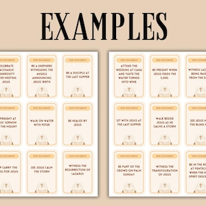 May include: A printable set of 18 cards with a light brown background and gold accents. Each card features a different New Testament story. The cards are arranged in a 3x6 grid.