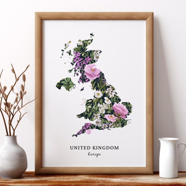 Kaart van het Verenigd Koninkrijk, UK Silhouette Poster, Verenigd Koninkrijk Print, Verenigd Koninkrijk Art, UK Travel Poster, UK Gift, Floral Wall Art