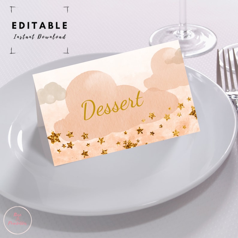 Bridal Shower Name Cards Place Cards Baby Shower Editable Watercolor Peach and gold cloudy stars Animals Tent Cards Birthday