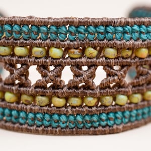Wide Macrame Cuff Bracelet Turquoise Brown | Miyuki Beads Boho Adjustable Jewelry | Surfer Artisan Handmade Bracelet