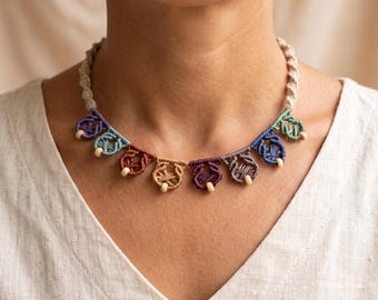 Macrame Necklace Multicolor Knotted Pendants Wood Beads | Boho Earth Tone Choker Handmade | Made in Italy