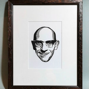 May include: Black and white line art print of a man's face with glasses. The man is bald and has a smile on his face.