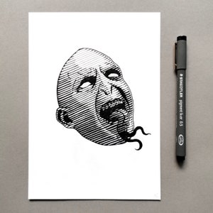 Könnte beinhalten: Schwarz-weiß-Linienkunst-Illustration eines schreienden Gesichts mit einer langen, gegabelten Zunge. Das Gesicht ist in einer stilisierten, fast cartoonartigen Weise gezeichnet, mit übertriebenen Merkmalen.