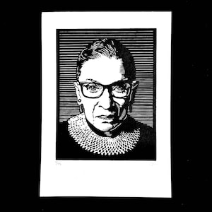 Ruth Bader Ginsburg. Hand-printed linocut portrait. Limited edition.