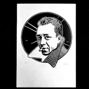 Albert Camus. Portrait linogravure imprimée à la main, édition limitée