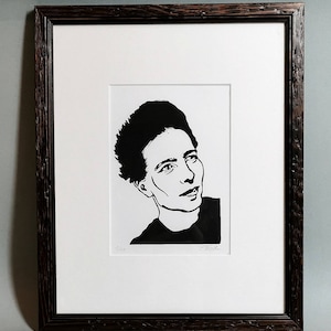 Simone de Beauvoir. Hand-printed linocut, limited edition, hand-signed