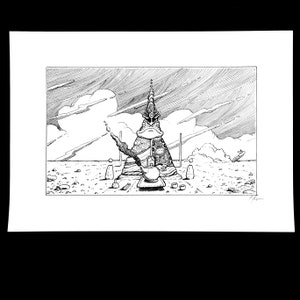 May include: A black and white line drawing of a creature with a teapot and a cup on a table in a desert landscape.