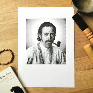 May include: Black and white stipple illustration of Alan Watts, a philosopher and writer, with a pipe in his mouth. He is wearing a white shirt and a beaded necklace.