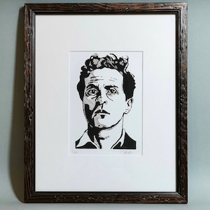 Ludwig Wittgenstein. Portrait en linogravure, imprimé à la main. Édition limitée, signée à la main.