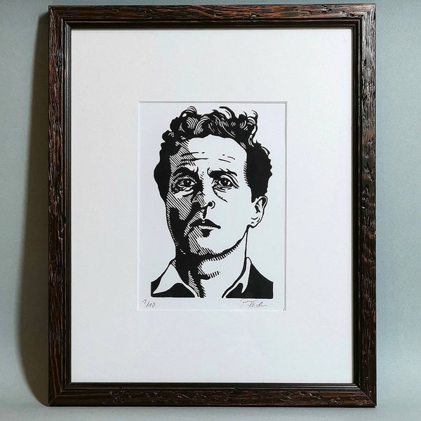 Ludwig Wittgenstein. Linocut printed by hand, limited edition, hand signed