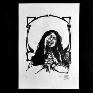 Damo Suzuki. Portrait linocut printed by hand, limited edition
