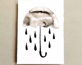 May include: A black and white watercolor painting of an umbrella with raindrops falling from it.