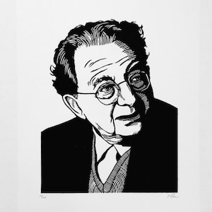 Erich Fromm. Portrait en linogravure, imprimé à la main, édition limitée