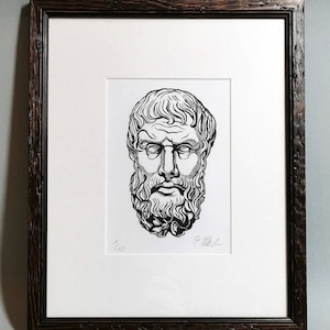 Epicurus. Portrait linocut, hand printed. Limited edition.