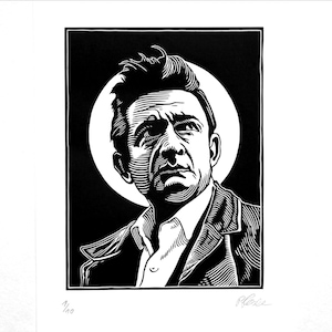 Johnny Cash. Portrait Linolschnitt von Hand gedruckt. Limitierte Edition, handsigniert