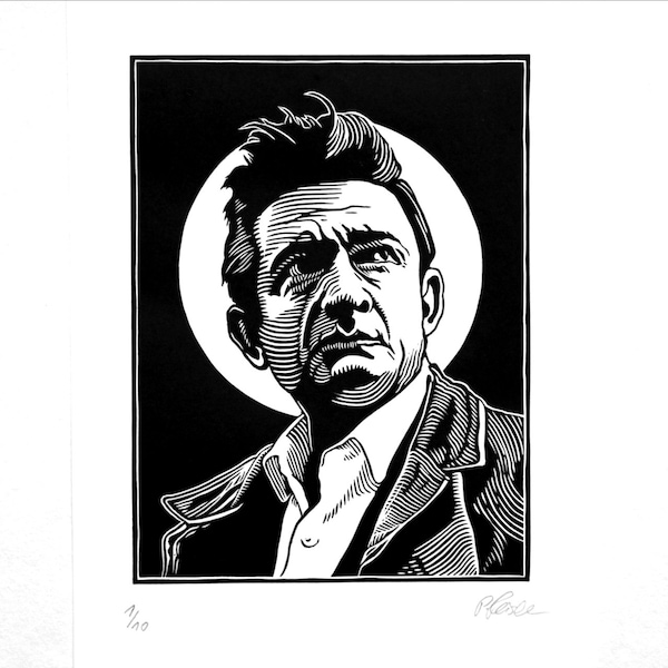 Johnny Cash. Portrait Linolschnitt von Hand gedruckt, limitierte Edition