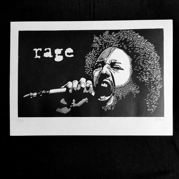 Rage Against The Machine Zach de la Rocha. Portrait Linoldruck von Hand gedruckt