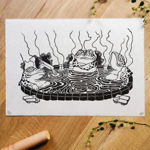 Ein Bad mit Freunden. Linolschnitt von Hand gedruckt, limitierte Edition, handsigniert