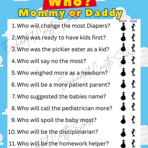 May include: A printable game for a baby shower or gender reveal party. The game asks 12 questions about the parents-to-be, with options for "Mom" or "Dad". Each question is illustrated with a silhouette of a woman and a man.