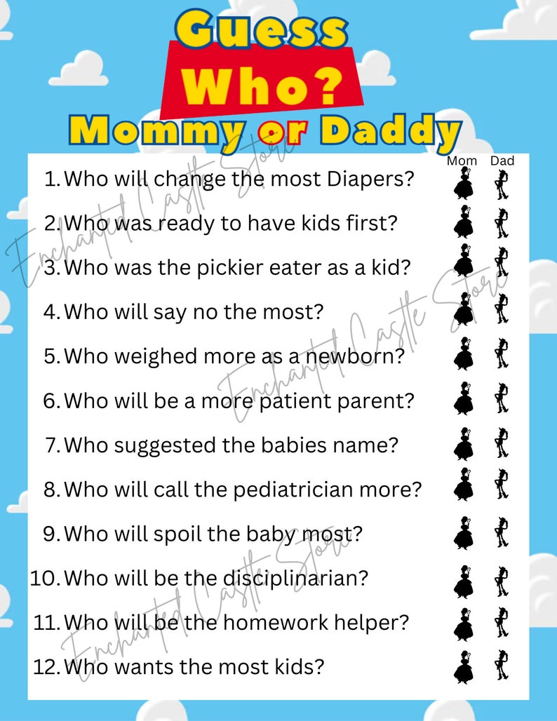 May include: A printable game for a baby shower or gender reveal party. The game asks 12 questions about the parents-to-be, with options for "Mom" or "Dad". Each question is illustrated with a silhouette of a woman and a man.