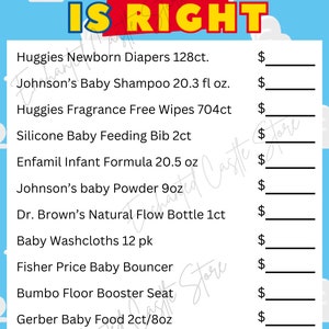 May include: A blue and red printable game board with the text "The Price is Right" at the top. The board lists various baby products with blank spaces for prices. The products include Huggies diapers, Johnson's baby shampoo, Huggies wipes, silicone baby bibs, Enfamil infant formula, Johnson's baby powder, Dr. Brown's bottles, baby washcloths, Fisher Price baby bouncer, Bumbo floor booster seat, Gerber baby food, and Philips Avent Soothie pacifiers.