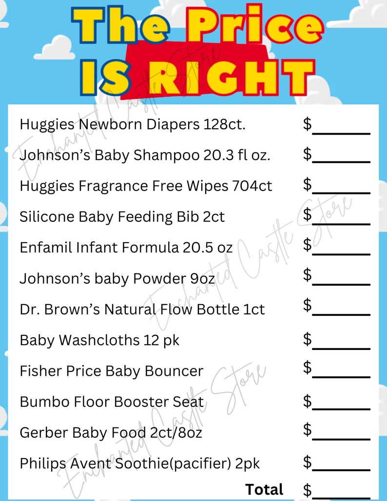 May include: A blue and red printable game board with the text "The Price is Right" at the top. The board lists various baby products with blank spaces for prices. The products include Huggies diapers, Johnson's baby shampoo, Huggies wipes, silicone baby bibs, Enfamil infant formula, Johnson's baby powder, Dr. Brown's bottles, baby washcloths, Fisher Price baby bouncer, Bumbo floor booster seat, Gerber baby food, and Philips Avent Soothie pacifiers.