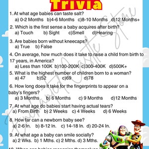 May include: A colorful trivia game with questions about babies, featuring illustrations of Woody and Buzz Lightyear from the Toy Story franchise. The questions cover topics like when babies can taste salt, their first sense, and how much it costs to raise a child.