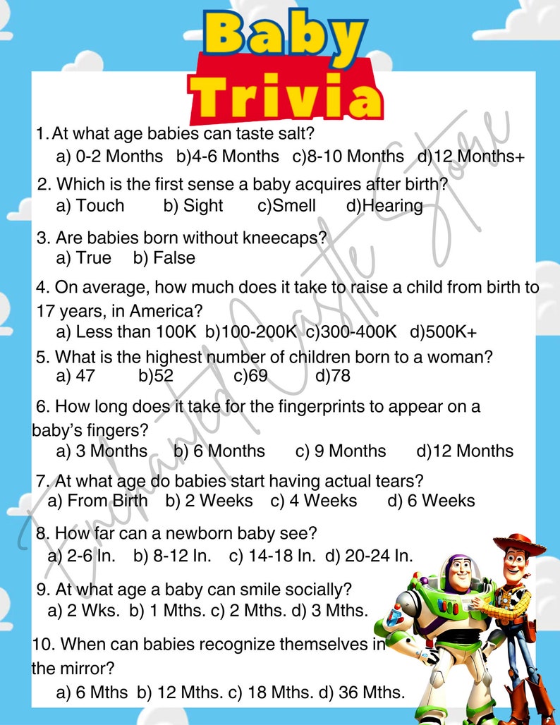 May include: A colorful trivia game with questions about babies, featuring illustrations of Woody and Buzz Lightyear from the Toy Story franchise. The questions cover topics like when babies can taste salt, their first sense, and how much it costs to raise a child.