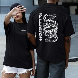 Psychedelic Snake Graphic T-Shirt Black & White Optical Art Design | Unisex Oversized Streetwear Tee | Front or Back Print Gift
