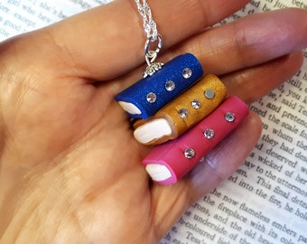 Handmade Unique Design Polymer Clay Silver Plated Chain Book Shaped Charm Necklace