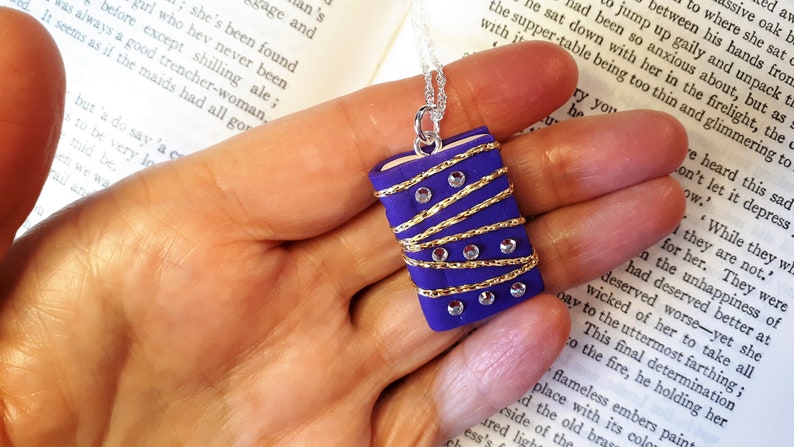 Handmade Unique Design Polymer Clay Silver Plated Chain Book Shaped Charm Necklace