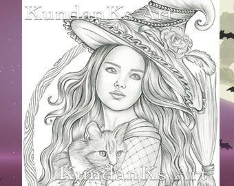 Cute Witch | Adult coloring pages | Premium coloring pages | Grayscale Page |Instant Download |A4,A3 Printable