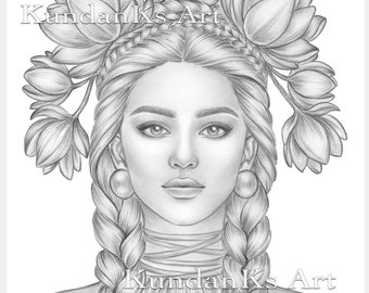 Lotus | Adult Coloring Page| Portrait Coloring | Grayscale Coloring |Instant Download |A4,A3 Printable| KundanKs Art
