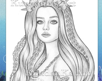 MerMay Sea Goddess | Mermaid Coloring Page | Adult Coloring Page| Portrait Coloring | Grayscale Coloring |Instant Download |A4,A3 Printable