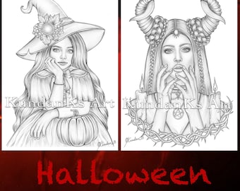 Spooktober Halloween Set of 2 | Adult Coloring Page| Portrait Coloring | Grayscale Coloring |Instant Download |A4,A3 Printable| KundanKs Art