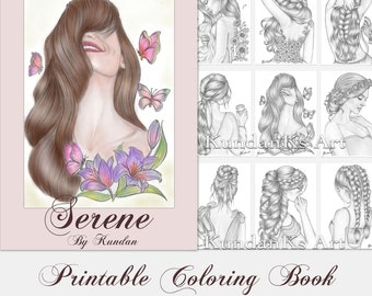 Serene - Printable Coloring Book By Kundan | Adult Coloring Page | Portrait Coloring | Grayscale Coloring |Instant Download | KundanKs Art