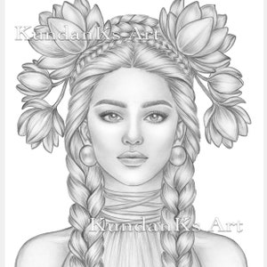 Lotus | Adult Coloring Page| Portrait Coloring | Grayscale Coloring |Instant Download |A4,A3 Printable| KundanKs Art