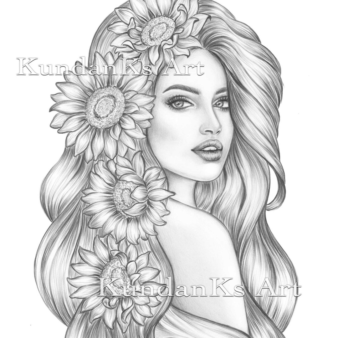 Sunflower Adult Coloring Page Portrait Coloring Grayscale Coloring ...
