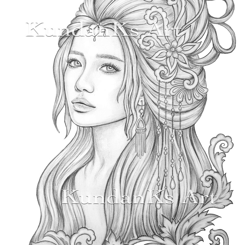May include: Detailed pencil drawing of a woman with long flowing hair and ornate headwear. The artwork features intricate floral and ornamental designs, including dangling earrings and decorative elements. The text "KundanKs Art" is visible.
